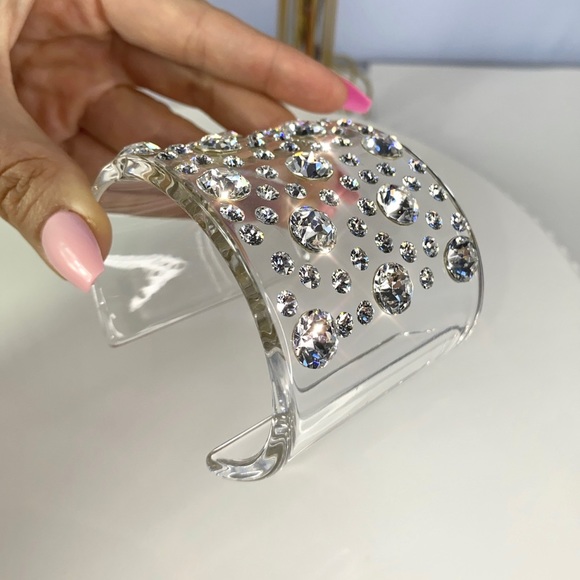 Clear Acrylic Swarovski Crystal Embellished Wide Chunky Cuff Bracelet for Women - Picture 13 of 17